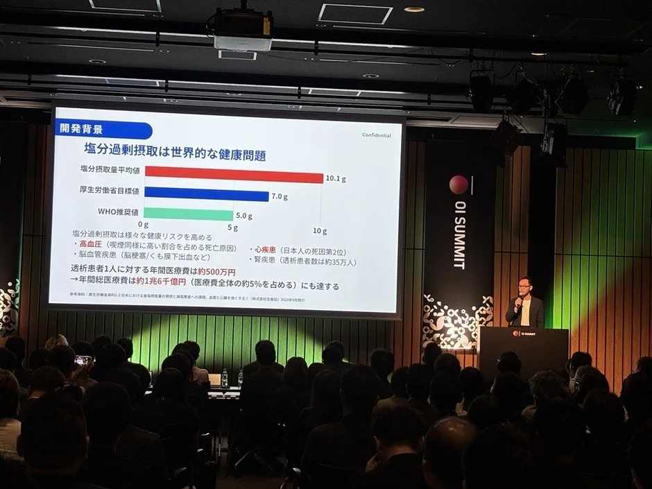 「OI SUMMIT」でのプレゼンテーション風景。塩分過剰摂取が世界的な健康問題であること、平均摂取量、健康リスク、および年間医療費の経済的影響をデータと共に説明している。