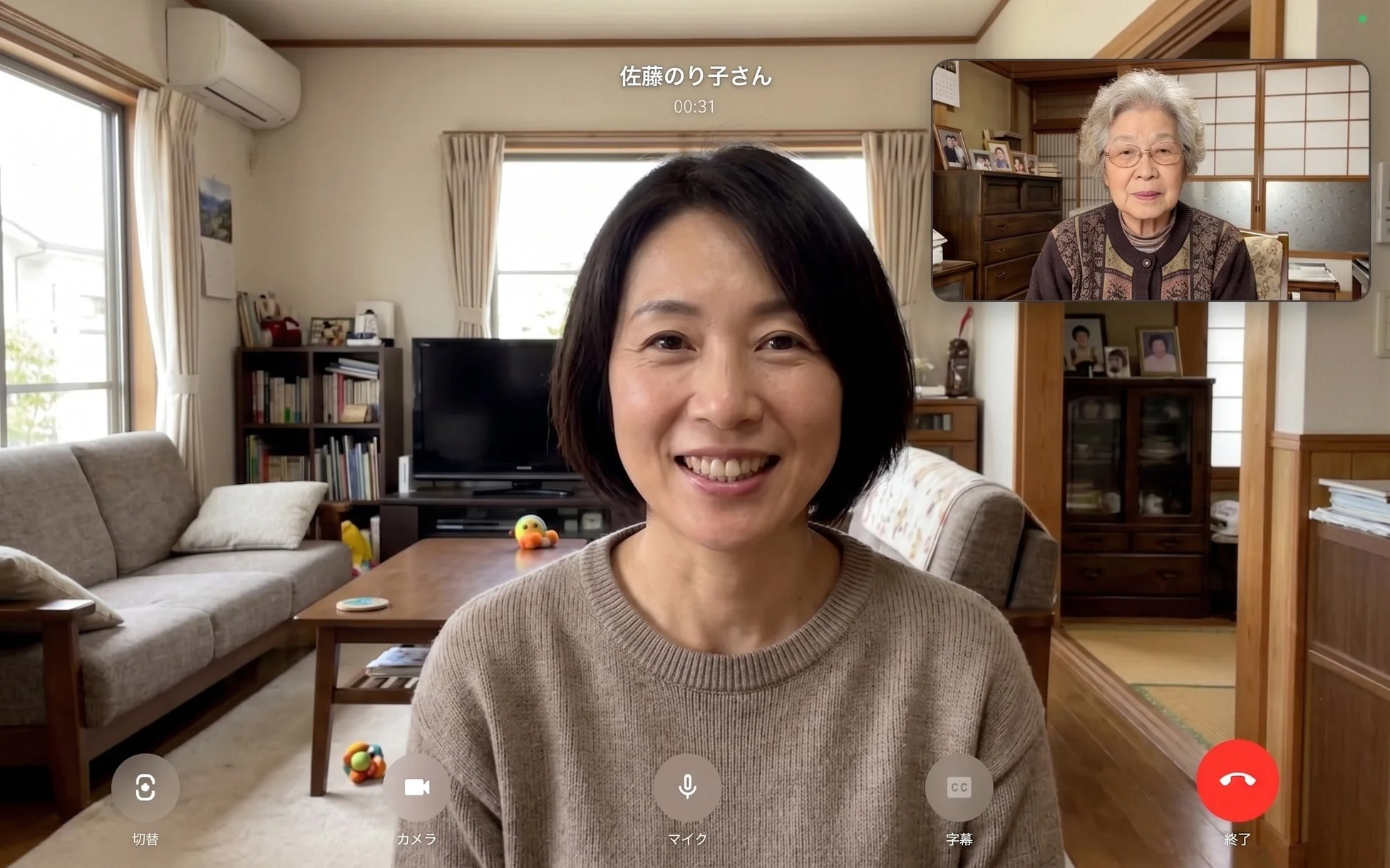 リビングにいる女性が、和室にいる高齢の女性とビデオ通話をしている様子