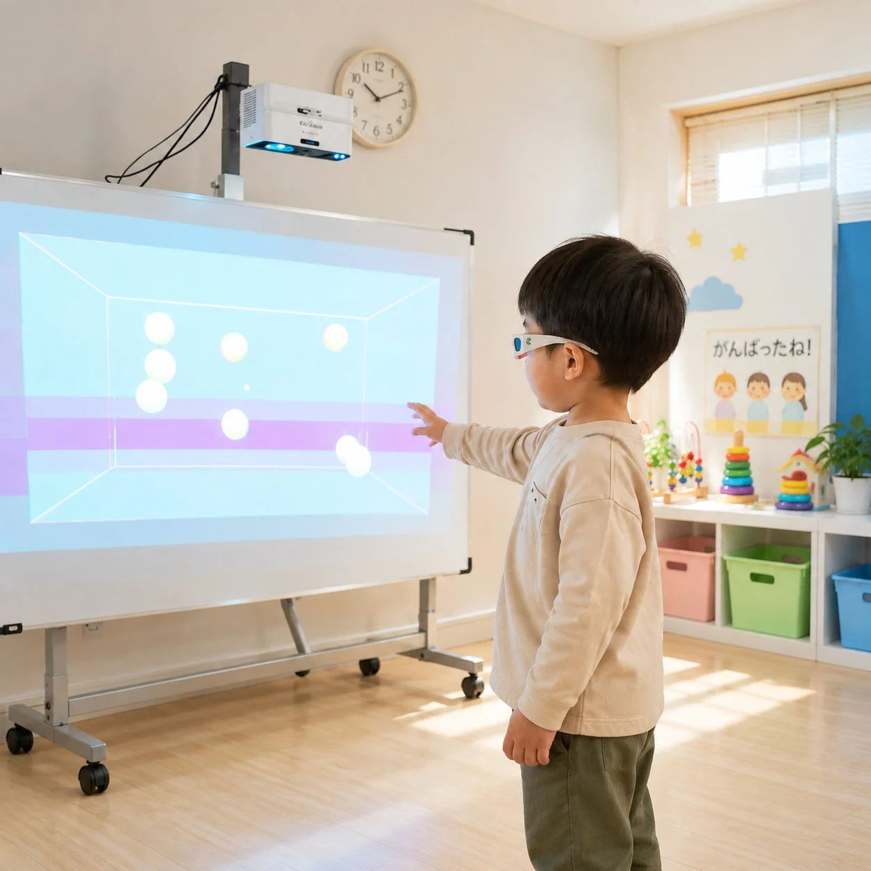 3Dメガネをかけた子供とインタラクティブディスプレイ