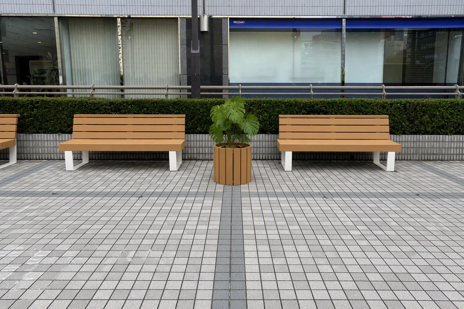 ベンチとモンステラの植木鉢