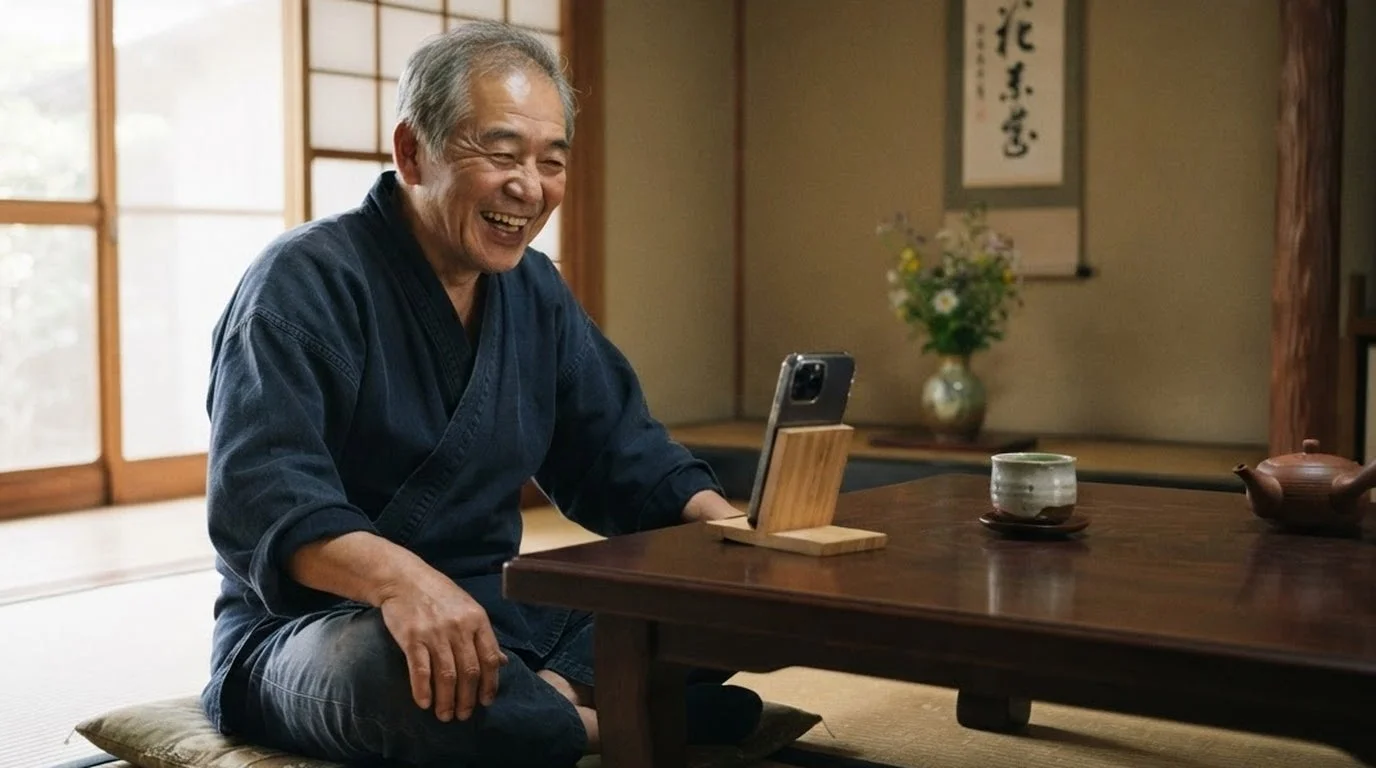 高齢男性がスマートフォンでビデオ通話を楽しむ様子