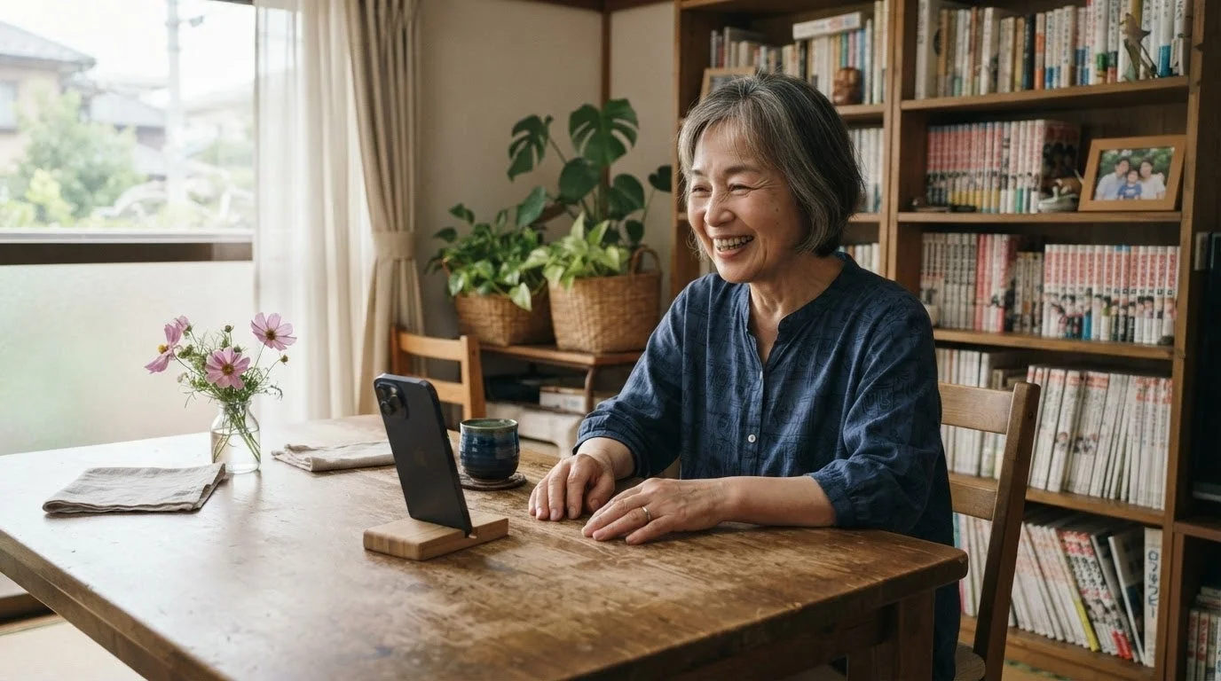 笑顔でスマートフォンを操作する高齢女性