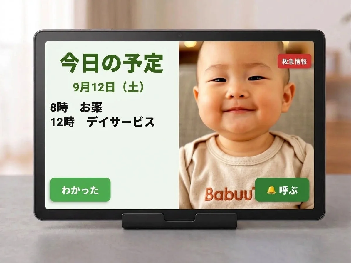タブレットに今日の予定と笑顔の赤ちゃんが表示されている画像