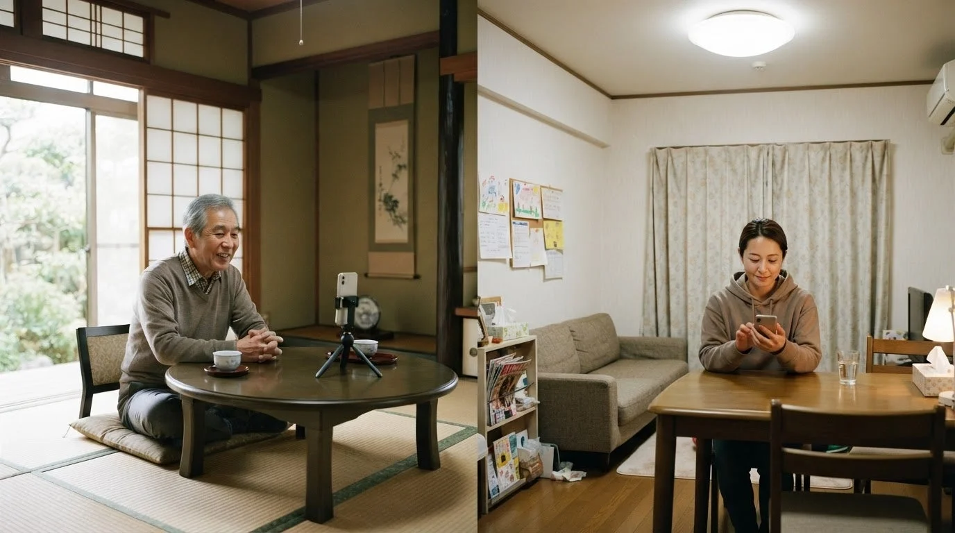 高齢男性と若い女性がスマートフォンで遠隔コミュニケーションをとる様子
